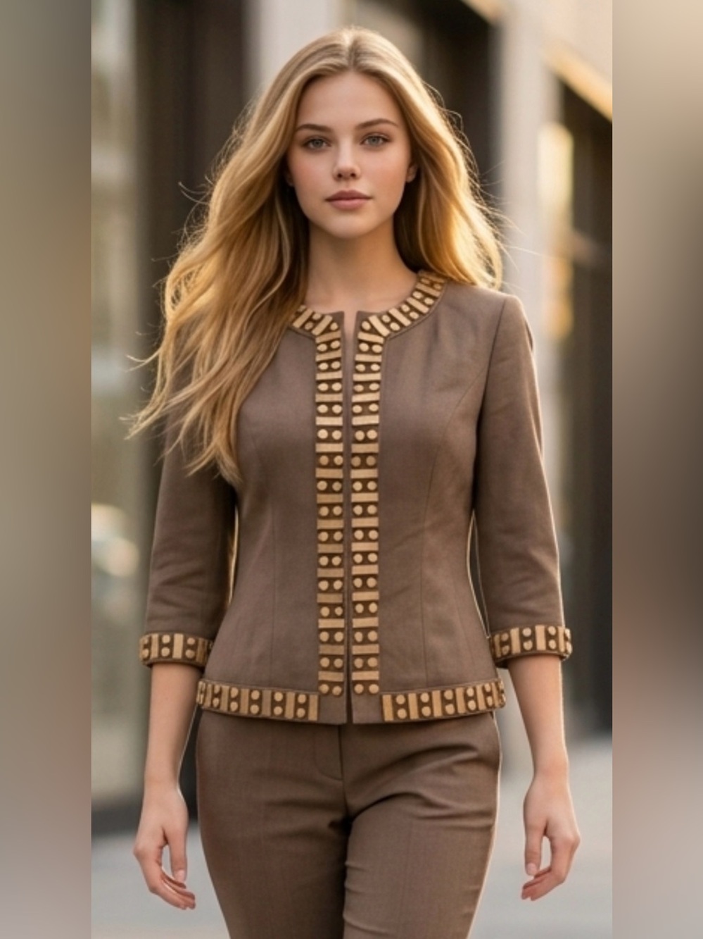 Taupe Stud-Trim Tailored Women's Blazer